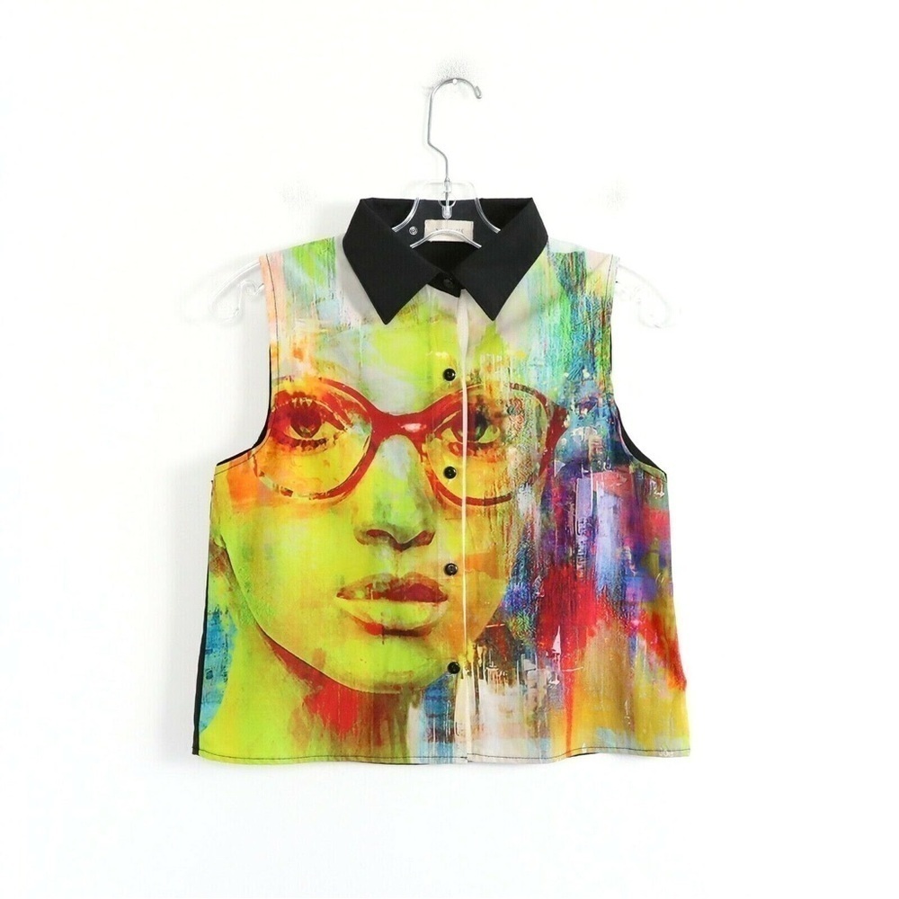 Nun’s art to wear print crop top glasses woman portrait XS chiffon lightweight